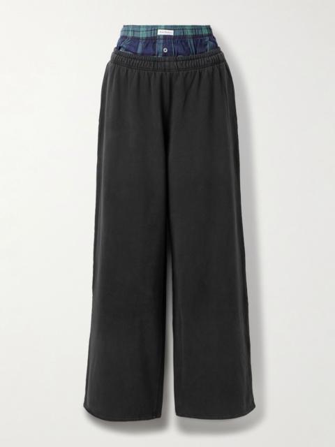 Layered organic cotton-jersey and checked flannel track pants Black