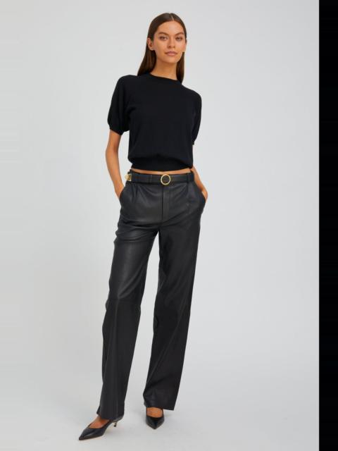 BLACK LEATHER STRAIGHT LEG PLEATED TROUSERS