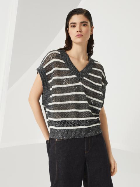 Dazzling striped net knit t-shirt in linen