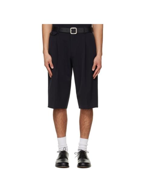 Navy Raw-Cut Wool Pleated Tailored Shorts