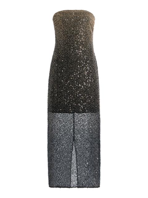 Beaded Strapless Midi Dress grey