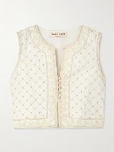 Clara Palm Bead-embellished Embroidered Ramie And Linen-blend Vest