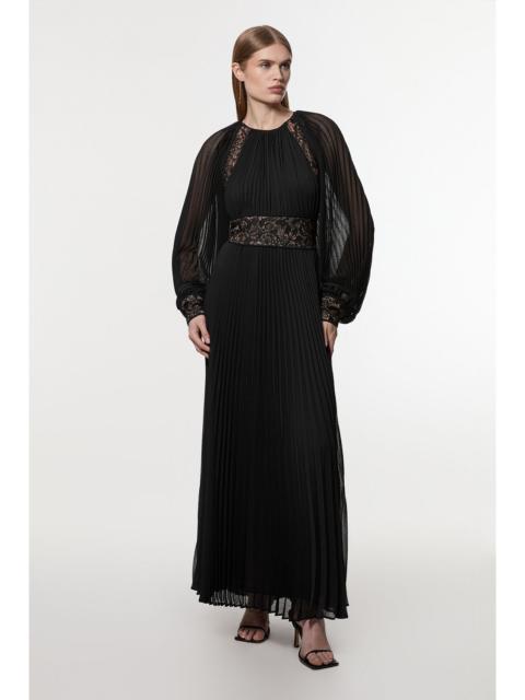Viscose Georgette Pleated Woven Maxi Dress With Sheer Lace Panel Detail