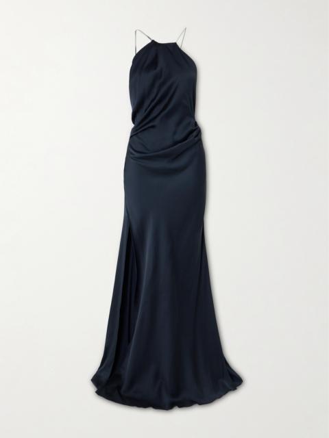 Chain-embellished Draped Satin Halterneck Gown