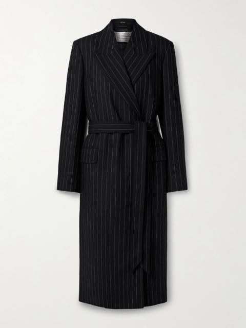 Belted pinstriped wool coat Black