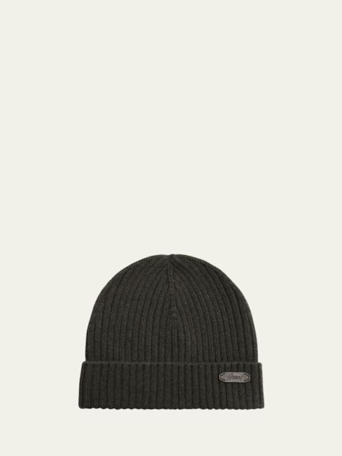 Men's Cashmere Rib Leather-Label Beanie Hat
