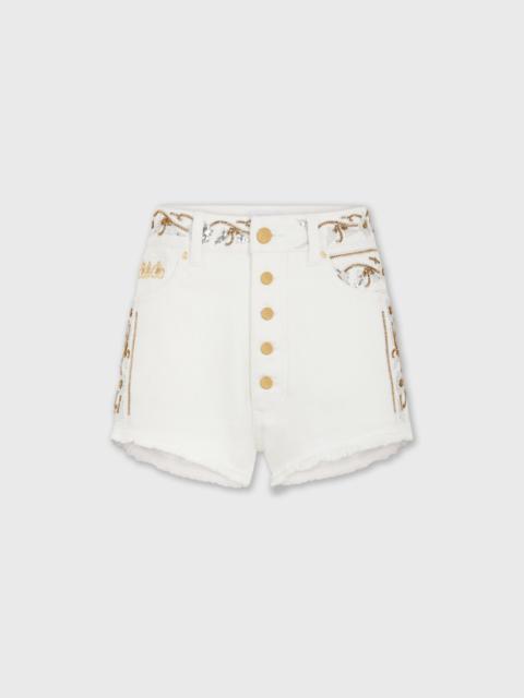EMBROIDERED OFF WHITE DENIM SHORTS