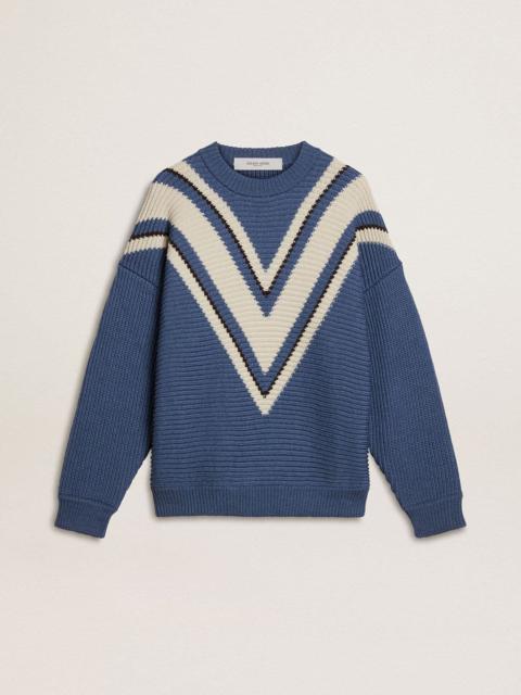 Men's light blue jacquard wool sweater with cream-colored pattern