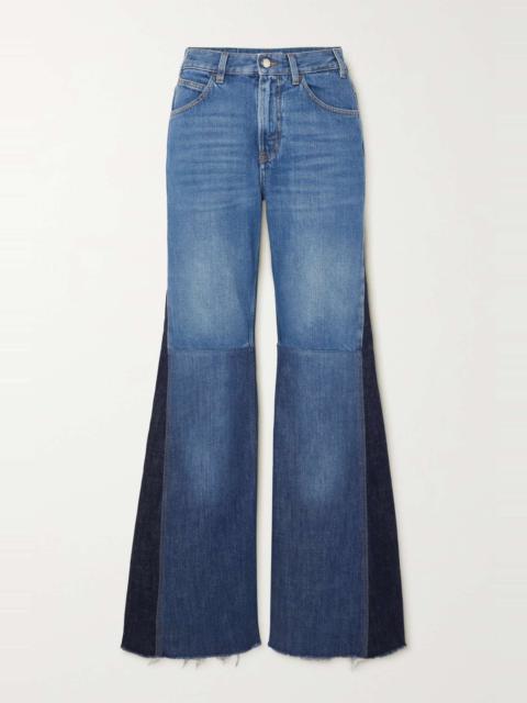 Frayed two-tone high-rise flared jeans