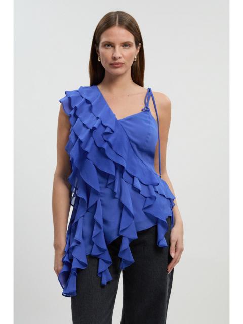 Ruffle detail chiffon asymmetric blouse
