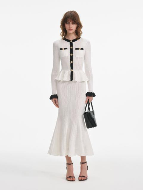 White Pointelle Knit Contrast Midi Dress