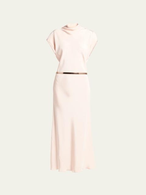Cowl-Neck Silk Crepe Maxi Dress with Leather Belt