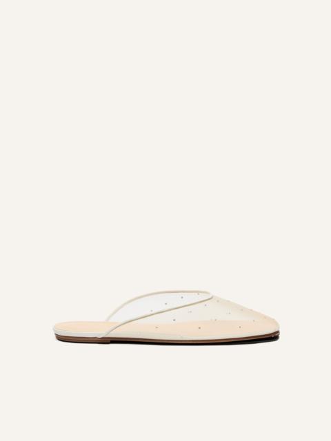 Crystal mesh flat mules in cream