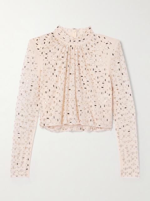 Cropped Embellished Gathered Mesh Turtleneck Top