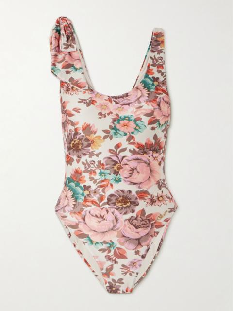 Bow-embellished floral-print swimsuit Pink