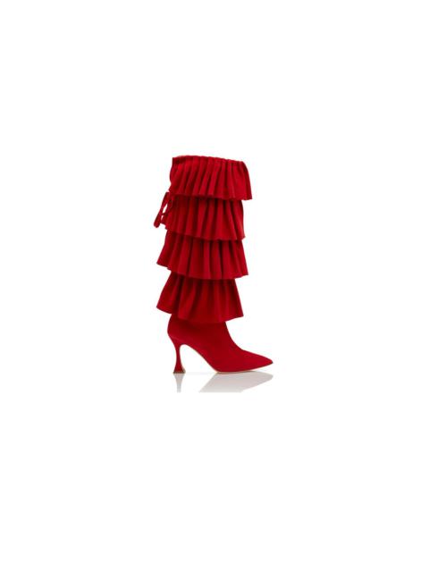 Red Suede Ruffled Knee High Boots