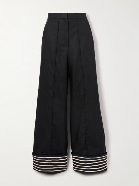 Tu Sutileza Embroidered Linen Wide-leg Pants