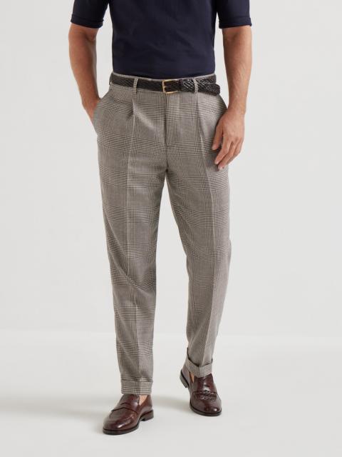 Virgin wool, silk and linen Prince of Wales trousers with pleat