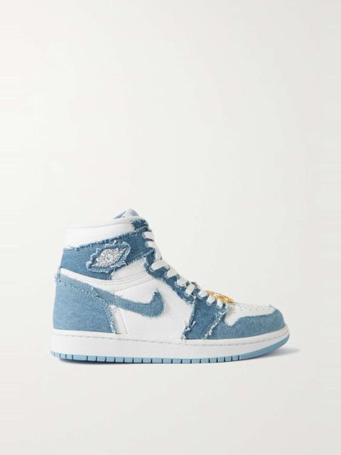 Air Jordan 1 Retro OG embellished distressed denim and leather high-top sneakers