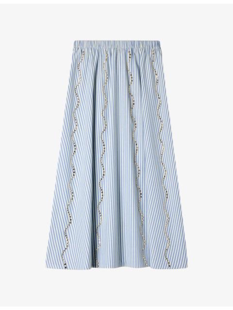 Striped Rhinestone-Embellished Cotton-Blend Maxi Skirt