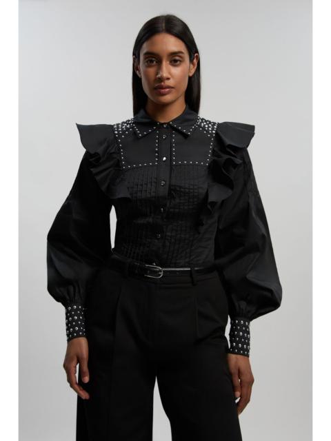 Cotton Sateen Drama Sleeve Studded Woven Maxi Shirt