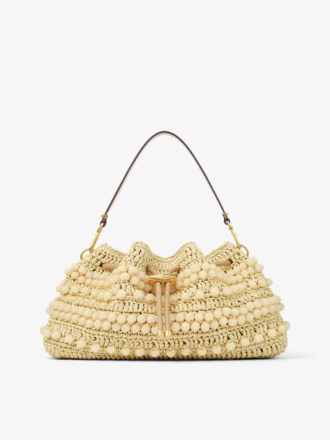 Cinch Medium
Natural and Cappuccino Beaded Raffia Bucket Bag with Smooth Calf Leather
