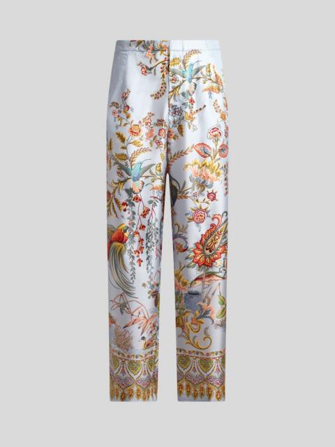 SILK TROUSERS WITH PLACED FLORA AND FAUNA PRINT