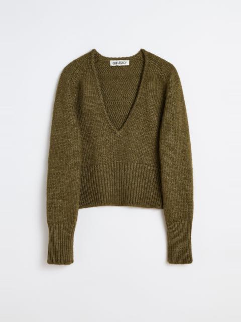 Sharp V-Neck Flush Green Rustic Wool Silk