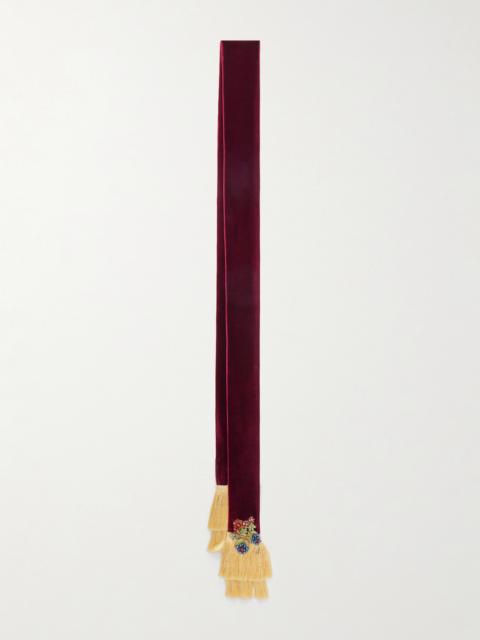 Fringed Crystal-embellished Velvet Scarf