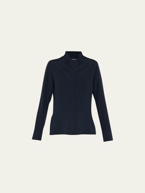 Split-Neck Silk Button-Front Blouse