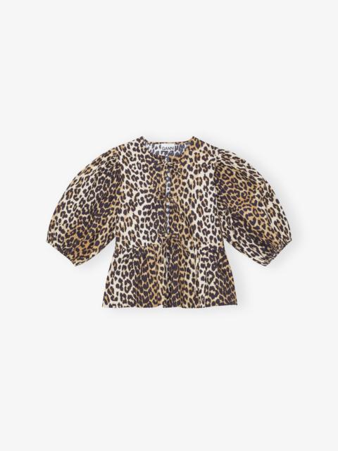 LEOPARD COTTON POPLIN PEPLUM TIE BLOUSE