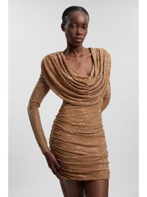 Premium Crystal Embellished Jersey Cowl Neck Mini Dress