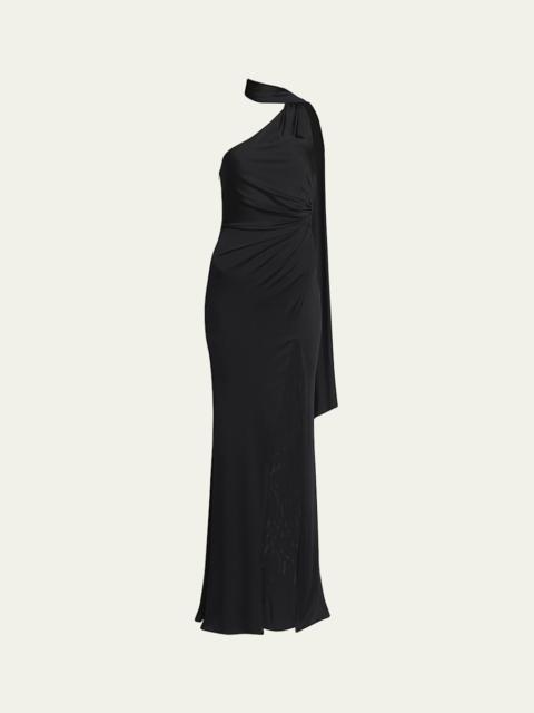 One-Shoulder Scarf-Neck Ruched Slit Gown