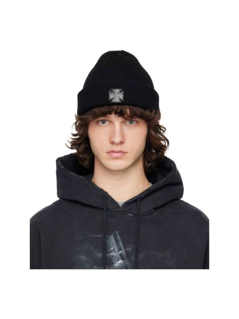 Black Leather Biker Cross Label Beanie