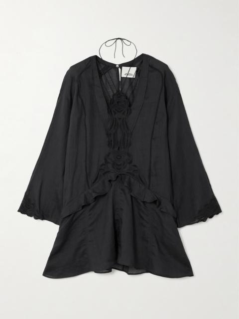 Liya Lace-trimmed Embroidered Ramie Mini Dress