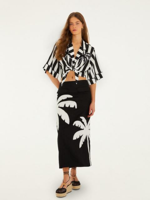 Black Embroidered Palm Tree Euroflax Premium Linen Maxi Skirt