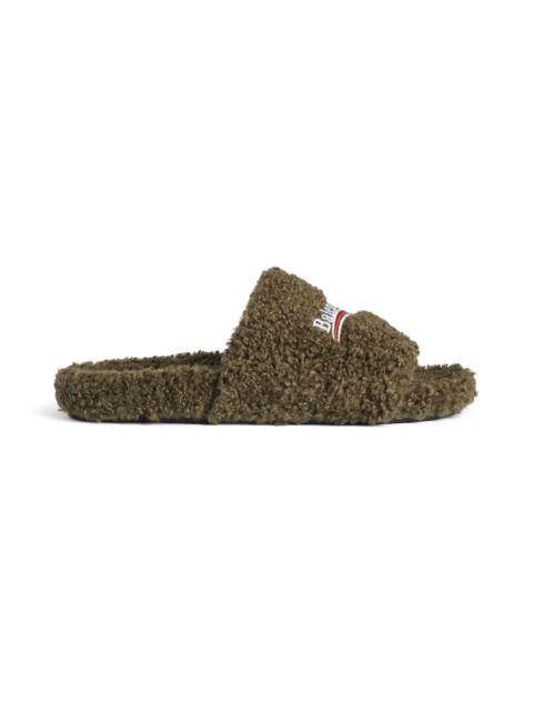 Men's Furry Slide Sandal in Army Green/white/red