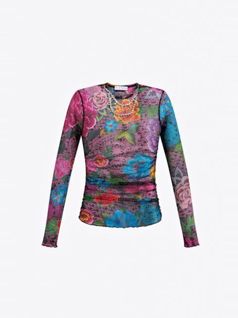 CRYSTAL EMBELLISHED PRINTED TULLE LONG SLEEVE TOP