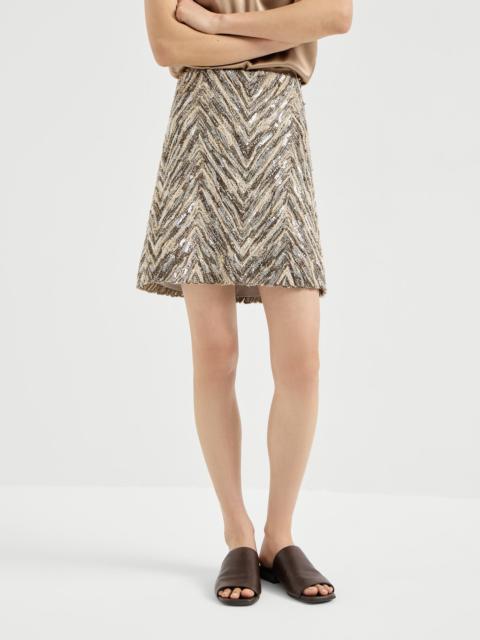 Dazzling chevron embroidery mini skirt in paper yarn, linen and silk