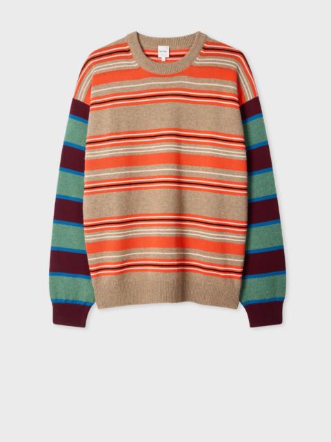 Orange Contrast-Sleeve Lambswool-Cotton Stripe Sweater