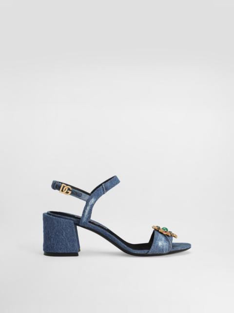 Denim sandals with embroidery and stones