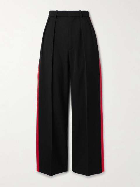 Pleated Silk-satin Trimmed Wool-piqué Wide-leg Pants