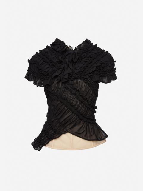 Ruched cotton short sleeve blouse in black