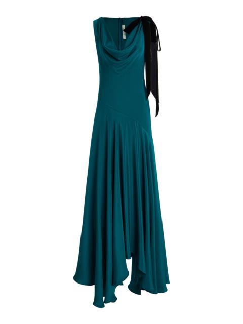 Velvet-Trimmed Silk Crepe Cowl-Neck Maxi Dress blue