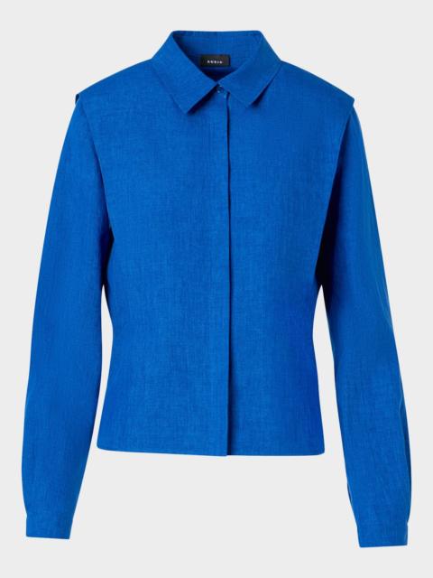 Ruched Linen Button-Down Blouse