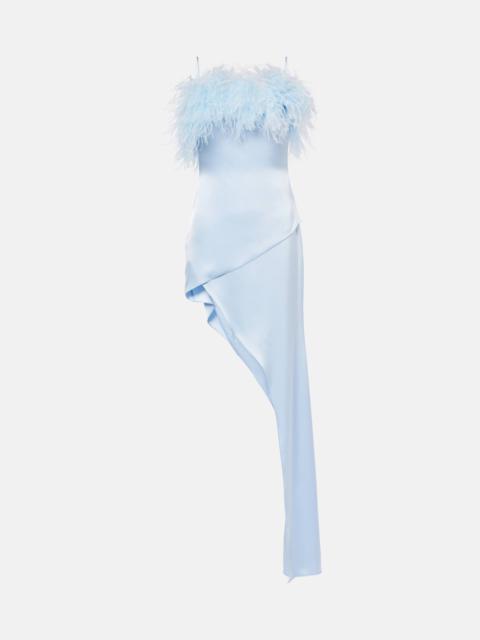 Feather-trimmed satin cocktail dress