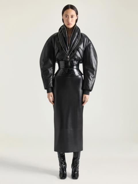 CORSET BELT IN LEATHER WITH TAPE PRINT