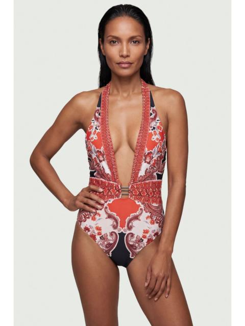 Scarf Mirrored Print Plunge Swimsuit
