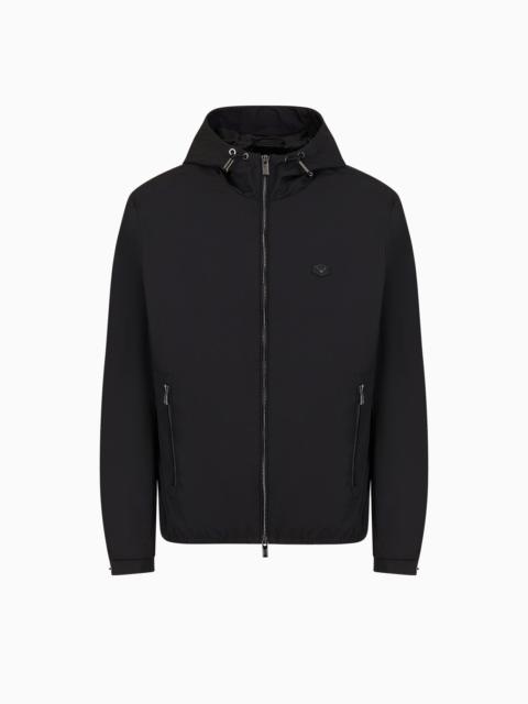 Hooded, water-repellent nylon blouson with logo patch