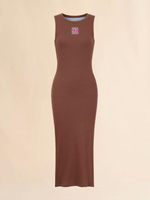 BROWN RIBBED COTTON MIDI DRESS WITH MARNI FRAME LOGO